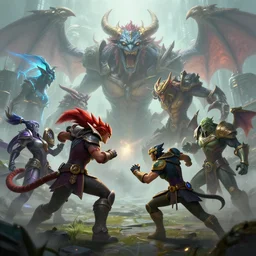 hyperrealism fantasy creatures fight scene with characters from league of legends portrait, digital art, wallpaper of an fantasy fight, background of sci fi city in fog, 8 k, sharp, trending dop hdr