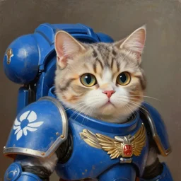 a cute portrait of a cat as a Space Marine from the Warhammer 40k, ultramarine space marine cat, blue armor, glorious, masterpiece painting by Rembrandt, shoulderpad with omega white symbol, cute open cat eyes