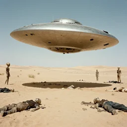 A crashed flying saucer in the desert surrounded by alien bodies. 1940s photograph.