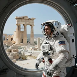 a futuristic male astronaut looking at ancient renaissance athens through a time travel spaceship window, scifi, by wlop, peter mohrbacher, jakub rebelka, visually stunning, beautiful, masterpiece