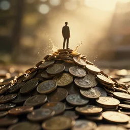 a 3 5 mm photo of hills made of of coins, with a man standing on top, splash art, movie still, bokeh, canon 5 0 mm, cinematic lighting, dramatic, film, photography, golden hour, depth of field, award - winning, anamorphic lens flare, 8 k, hyper detailed, 3 5 mm film grain