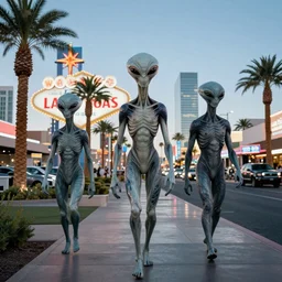 actual photography of grey aliens walking along the Las Vegas strip, award winning, high def,