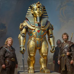 a giant king tut sarcophagus mecha, tim hildebrandt, wayne barlowe, bruce pennington, donato giancola, trending on artstation, cinematic composition, beautiful lighting, hyper detailed, 8 k, oil on canvas