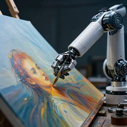 an high resolution photo of a artificial intelligence making a masterpiece paiting with its robotic arm, hyper detailed, photography, realistic art, 8 k, unreal engine, cinematic