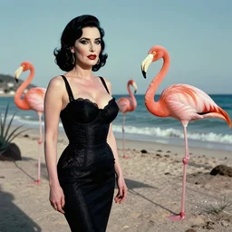 A surreal comic noir illustration containing Dita Von Teese and Flamingos on a desert beach oasis by Salvador Dali, dark vibes, high contrast, pastel lighting, cinematic, depth of field, 8k