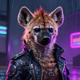 digital painting of anthromorphic hyena female, fursona, furry fandom, neon rainy cyberpunk setting, anthro, wearing cyberpunk leather jacket, detailed face,
