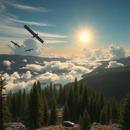 photo hyper realistic concept art house solarpunk in the funny big lake, satellite in the funny big lake the sky sun shining brightly over beautiful clouds at the summit lush forests graffiti style futuriste brutalism, gold and black turquoise ratio, octane render excellent composition