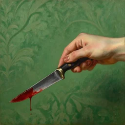by 1 9 th century famous painter, hands, nail polish, blood smear, blood dripping, knife, realism, realistic, oil painting, green wallpaper background