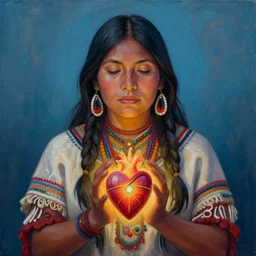 a beautiful painted portrait of an indigenous female shaman holding a glowing heart between her hands with self love, matte painting, ayahuasca, by christophe vacher