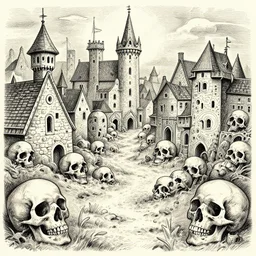 Joe Fenton drawing of Psychedelic Skulls, medieval town, skulls, drawn by Joe Fenton, trending on artstation