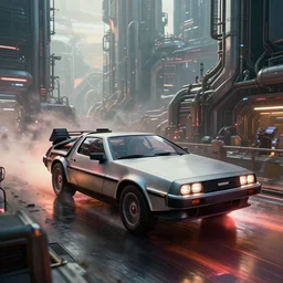 delorean, scifi environment, ultra realistic, highly detailed, futuristic landscape, industrial, city, atmosphere, highlighted, cinematic, art by jan urschel and neil blevins