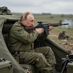 Putin, fully equipped, is sitting in a trench and shooting back at the Ukrainians. Super detailed style/ HD textures
