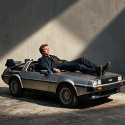tim allen laying on top of a delorean