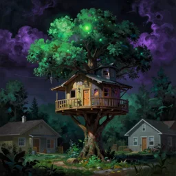 a suburban treehouse neighborhood with deep green and purple glowing clouds. highly detailed science fiction painting by norman rockwell, frank frazetta, and syd mead. rich colors, high contrast, gloomy atmosphere, dark background. trending on artstation.