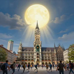 , city of munich!!!, huge bright spot falling from the skies!!!, people running in panic!!, hyperrealistic, highly detailed, cinematic, daylight, beautiful, cgssociety, artstation, 8 k, oil painting by greg rutkowski, by artgerm, by wlop