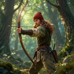 Robin Hood with long bow in a forest, 4k, artstation, cgsociety, award-winning, masterpiece, stunning, beautiful, glorious, powerful, fantasy art