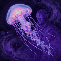 the cosmic sorcerer with intricate and vibrant purple line work, jelly fish with long kaleidoscopic tentacles, lost in a cosmic maelstrom detailed painting by felix kelly and cgsociety.