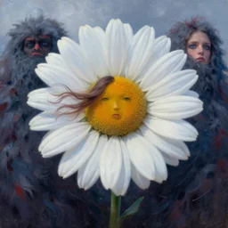 closeup, giant daisy flower face, girl between monsteras, surreal photography, wind and cold, dramatic sky, impressionist painting, digital painting, artstation, simon stalenhag