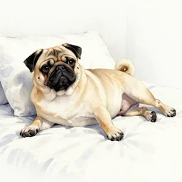 water color of a cute pug lying in bed, extremely detailed, sharp focus, wide view, full body shot, smooth, digital illustration, by rossdraws, frank franzzeta, mcbess, sakimichan, james jean