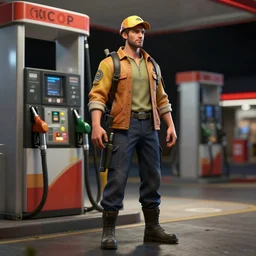Clothed,worksafe.at CGSociety by WLOP,ilya kuvshinov,krenz cushart,Greg Rutkowski,trending on artstation.Zbrush sculpt colored,Octane render in Maya,Houdini VFX.Gas station.Cinematic dramatic atmosphere,sharp focus,soft volumetric studio lighting.