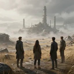 windswept vista overlooking distant futuristic smoggy industrial outpost. jasmin habezai - fekri, anton fadeev, tony zhou shuo, greg rutkowski, unreal engine 5