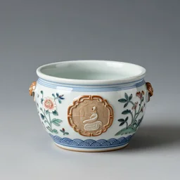 creative design for a chinese - inspired ceramic pot. long range photography, full subject photography.