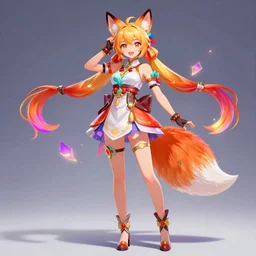 a colorful and vibrant and provenance beautiful fox lady, full body un magic pose, official genshin impact character concept, anime, kawaii, full - body portrait, holographic undertones, highly saturated colors, by artgerm, professional character designer, trending on artstation, highly detailed, cgsociety