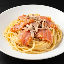 spaghetti topped with a blend of smoked salmon and turkey, 8 k resolution, food photography, studio lighting, sharp focus, hyper - detailed