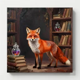 matte sharp painting, a fox is standing in a magicians library, magic books, jars, potions, magical, medieval, atmospheric, juxtapoz, artforum, gary baseman, preston blair, tex avery, dan mumford, pedro correa