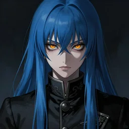 full face shot of rimuru tempest, sky blue straight hair, long bangs, with amber eyes, wearing a fancy black jacket, high collar, ultra detailed, brush strokes, digital painting, cinematic, wlop artstation, closeup, pixiv, eerie, scary, intimidating, evil, yoshitaka amano, junji ito,