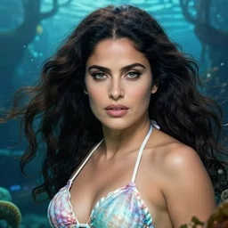 Actress Salma Hayek as a mermaid with a piercing gaze wearing a shell bikini in an underwater magical forest, highly detailed face, realistic face, beautiful detailed eyes, fantasy art, in the style of artgerm, illustration, epic, fantasy, intricate, hyper detailed, artstation, concept art, smooth, sharp focus, ray tracing, vibrant, photorealistic