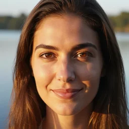 high detail, macro portrait photo, of a good looking woman with deep brown eyes and long brown hair, smiles at the camera, next to a lake at golden hour, shot using a zeiss supreme prime lens