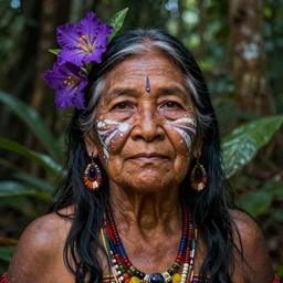 a beautiful portrait of a noble indigenous old woman in the amazon jungle surrounded by purple flowers, face paintings, matte painting, by christophe vacher