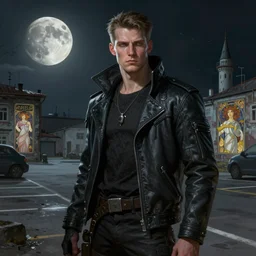 A portrait of a cyberpunk thug guy on a parking lot in a Soviet slum on the moon, Norilsk, sci-fi, fantasy, intricate, very very beautiful, elegant, highly detailed, digital painting, artstation, concept art, smooth, sharp focus, illustration, art by artgerm and greg rutkowski and alphonse mucha and evgeny zubkov