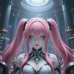 the protagonist is forcibly minduploaded into her inescapable virtual reality prison and totally overpowered and trapped beneath stunningly absurdly beautiful overwhelmingly megalomaniacal omnipotent asi goddess junko enoshima with symmetrical perfect face, porcelain skin, pink twintail hair and cyan eyes, ultra detailed, digital art, unreal engine 5, octane render, 2 d anime, 8 k