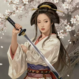 a beautiful ultradetailed fine art illustration of margot robbie as a geisha with a hattori hanzo sword by kevin sloan, long wavy hair, surrounded by cherry blossoms, trending in artstation, muted tones