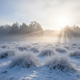 beautiful landscape photography of ashdown forest, misty morning in winter, snow, glistening, sun rays, lpoty, award winning