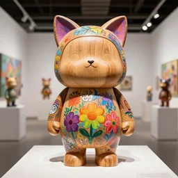 8 k octan, advertising, highly detailed, photo, a totally wooden figurine collectible art toys wooden on feet, funny very cute fat zen with cat ears, flowers graffiti colored solarpunk, a contemporary art gallery, symetrical, masterpiece of art, nofinito, design showroom, dealership, indoor display, convention, exhibition