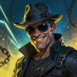 an intimate portrait of a gnarly human cyberpunk captain, old skin, faded hat, charming, strong leader, sunglasses, reflective, a look of cunning, big smile, detailed matte fantasy painting, the night war rages behind him, lasers, chains, sparks, yellow and blue and cyan