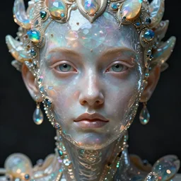 a beautiful portrait of humanoid | one character | front close - up face | looking straight ahead | front, full body, volumetric, symetrical close up, octane render, ultra details, opals, minerals, ethereal, squama, by peter mohrbacher, zaha hadi