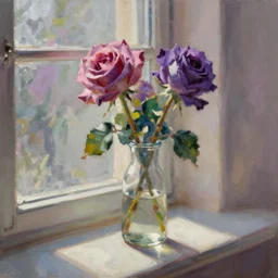 A painting of a rose in a vase on a windowsill, with natural light streaming in from the window. The violet is also included in the composition. The painting has an impressionistic style, with soft, blurry lines and muted colors., trending on artstation
