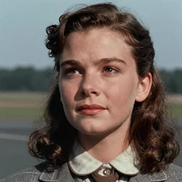 a color movie still from the modern film the rocketeer featuring young jennifer connelly in her role as jenny blake ; color ; clear facial features ; upturned