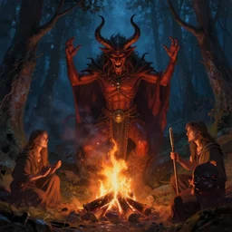concept art of a pagan ritual, summoning a demon around a fire in the woods at night, trending on artstation, beautiful painting