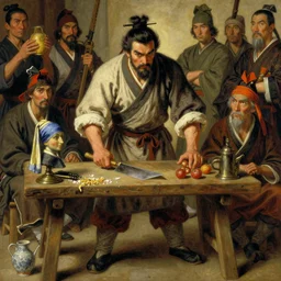 full character of a ancient chinese butcher, character design, painting by gaston bussiere, katsuya terada, nc wyeth, greg rutkowski, craig mullins, vermeer, frank frazetta, mucha, tom of finland, trending on artstation, jeffery catherine jones