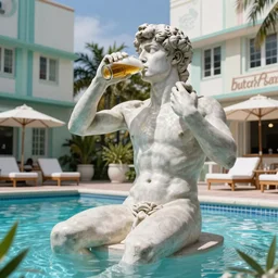 the statue david from michelangelo drinking a beer, sitting in a pool in a miami art deco hotel