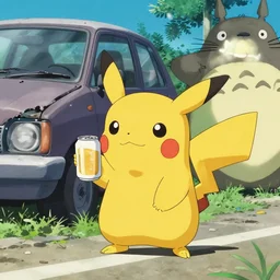 anime key visual of the cutest anime pikachu style skunk character, holding a can of beer, on the side of the road, next to a broken down vehicle, in my neighbor totoro ( 1 9 8 8 ) by hayao miyazaki, osamu tezuka
