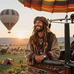 smiling hippy squints into the sunlight horizon, hot air balloon ride, flying camp, camp gear, hippy belongings, a old guitar, cozy place, flying high, aerial view, gradient aperture