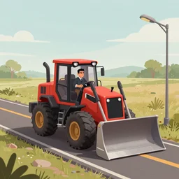 a study of cell shaded cartoon of a small red bulldozer on a country road, driven by a preacher with a widows peak haircut, street lamps, road, illustration, wide shot, subtle colors, post grunge, concept art by josan gonzales and wlop, by james jean, Victo ngai, David Rubín, Mike Mignola, Laurie Greasley, highly detailed, sharp focus, alien, Trending on Artstation, HQ, deviantart, art by artgem