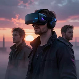 portrait of a man by Greg Rutkowski, lee madgwick and hubert robert, VR headset, blade runner style, neon glow, vivid color, moody lighting, unreal engine, sunrise, epic skies, foggy