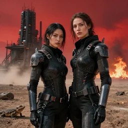 cinestill 5 0 d photographic portrait of two loving female androids wearing rugged black techwear on a desolate plain with a red sky, extreme closeup, lizard on ground, cyberpunk style, in front of a brutalist dark metal facility, dust storm, 8 k, hd, high resolution, 3 5 mm, f / 3. 2, ultra realistic faces, fire in the background